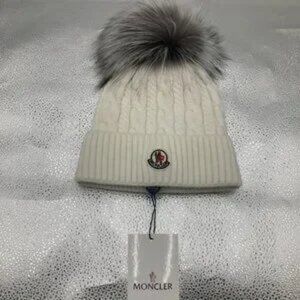 Moncler Women's Cream Hat with Gray Pom-Pom